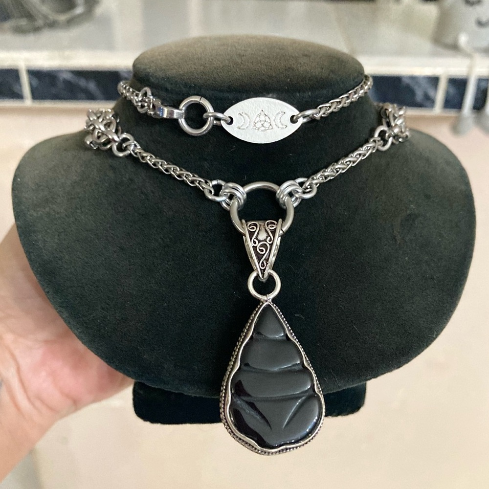 925 sterling silver overlay Carved black agate stone charm boho maille necklace
